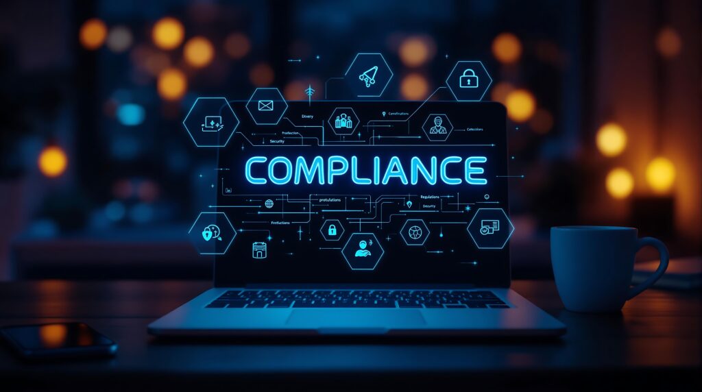 compliance-concept-laptop-screen-with-cybersecurity-icons-modern-office-setting